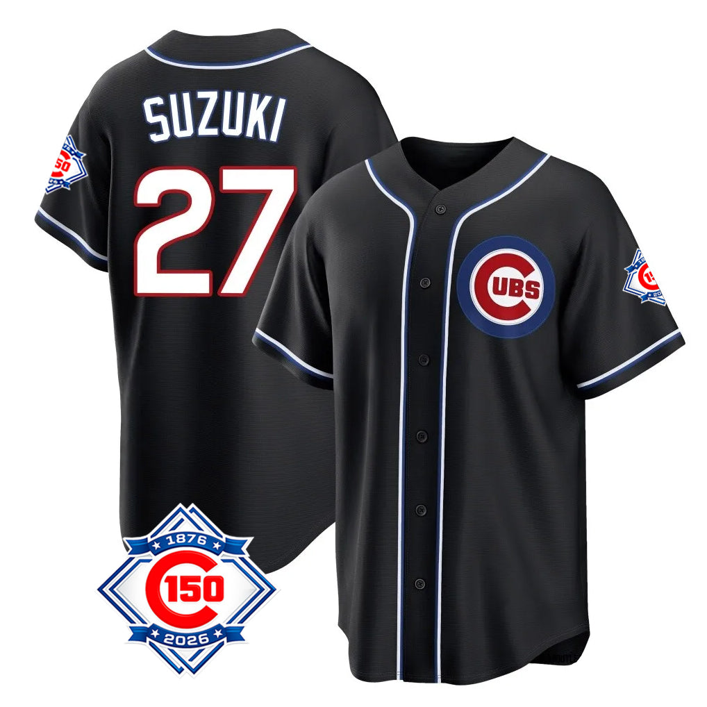 TRASK C.Cubs #27 Seiya Suzuki Player Black Fashion Out 150th Anniversary Game Stitched Jerseys