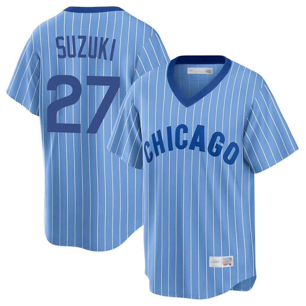 TRASK C.Cubs #27 Seiya Suzuki Player Blue T-shirt Cooperstown Collection Limited Stitched Jerseys