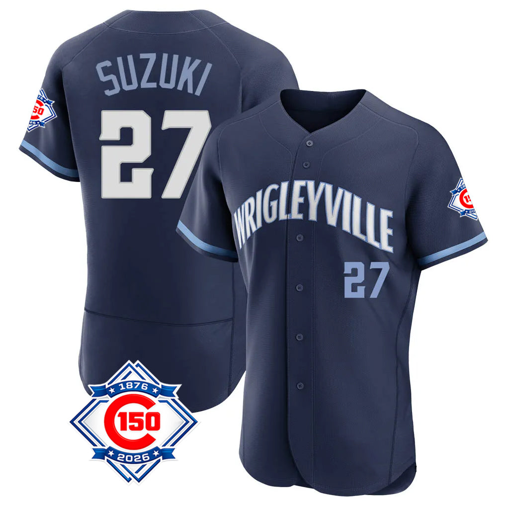 TRASK C.Cubs #27 Seiya Suzuki Player Navy City Connect 150th Anniversary Limited Elite Home Stitched Jerseys
