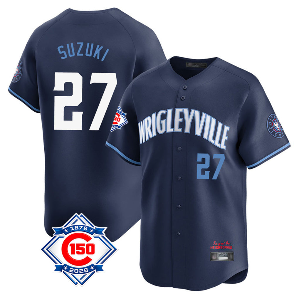 TRASK C.Cubs #27 Seiya Suzuki Player Navy City Connect 150th Anniversary Limited Home Stitched Jerseys