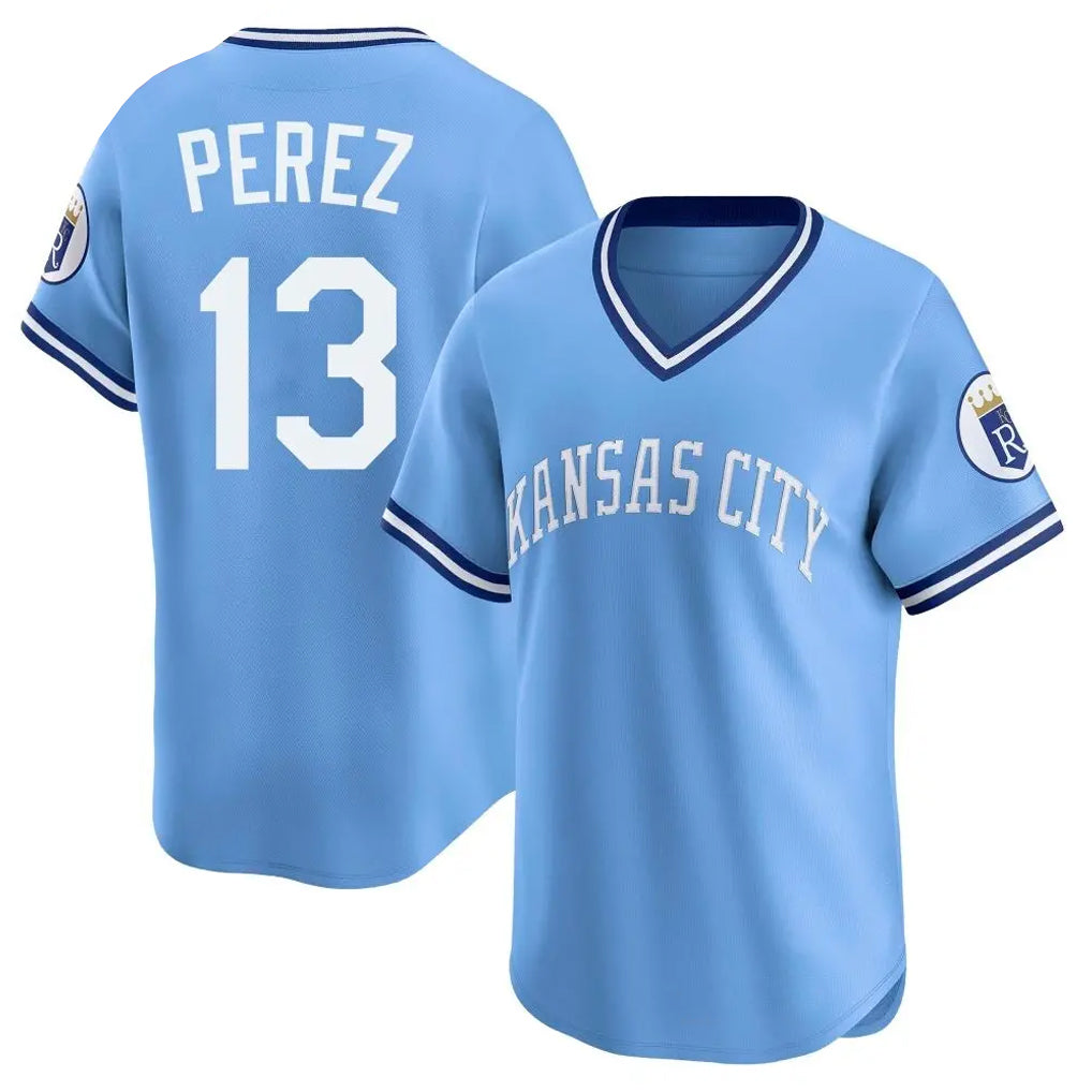 TRASK KC.Royals #13 Salvador Perez Player Light Blue Limited Throwback Cooperstown Collection T-shirt Stitched Jerseys