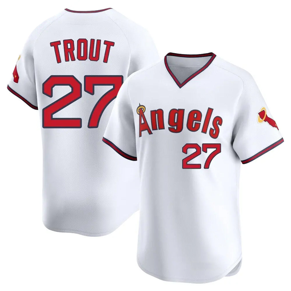 TRASK LA.Angels #27 Mike Trout Player White T-shirt Home Limited Stitched Jerseys