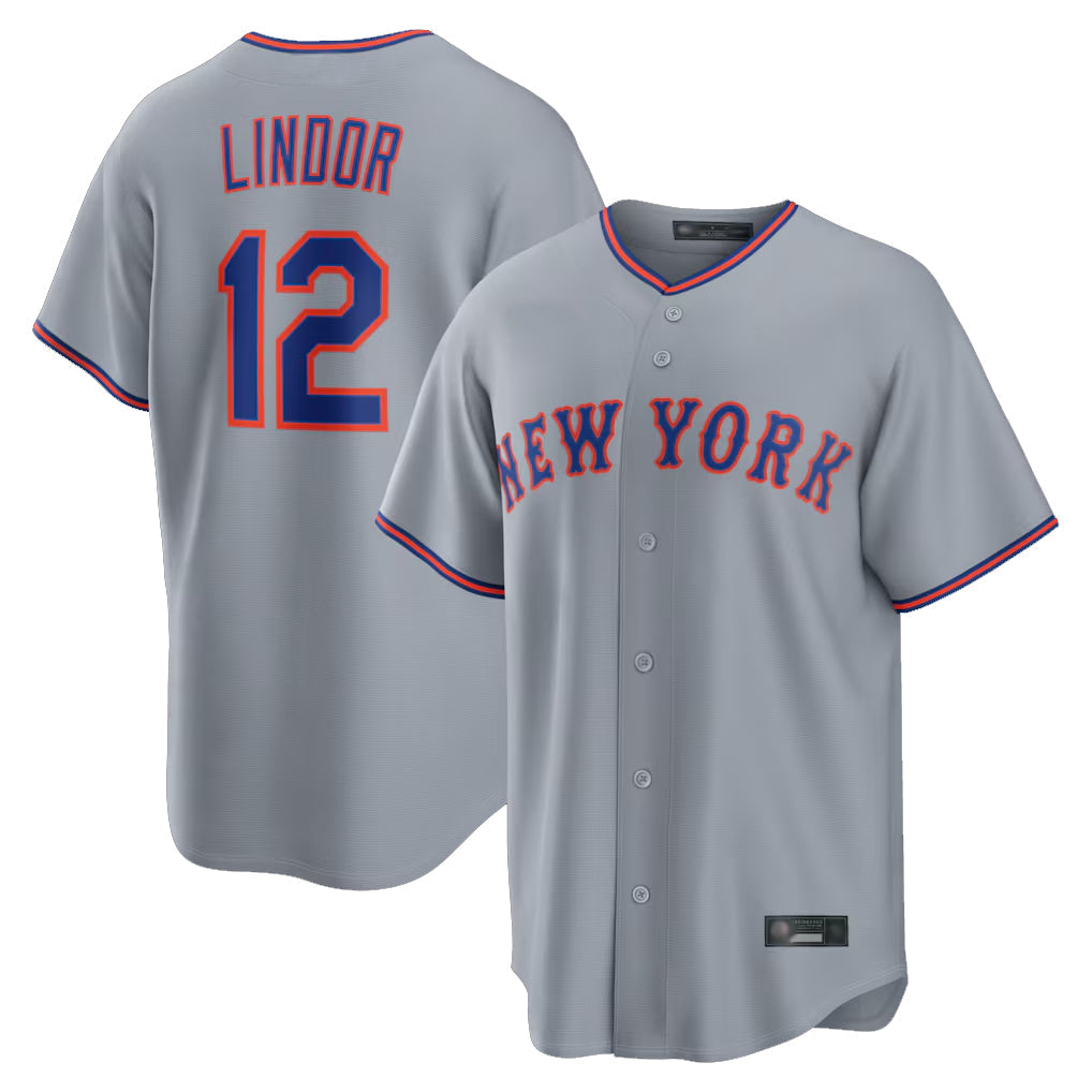 TRASK NY.Mets #12 Francisco Lindor Player Gray Road Home Game Stitched Jerseys
